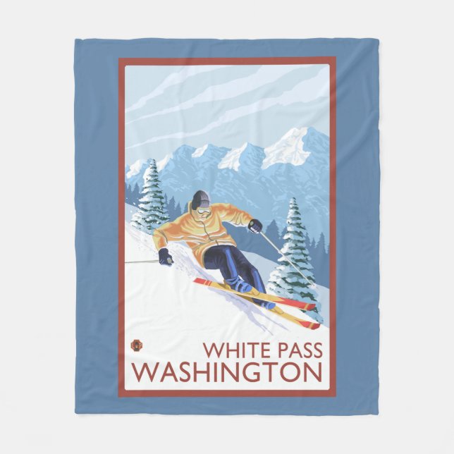Downhhill Snow Skier - White Pass, Washington Fleece Blanket (Front)