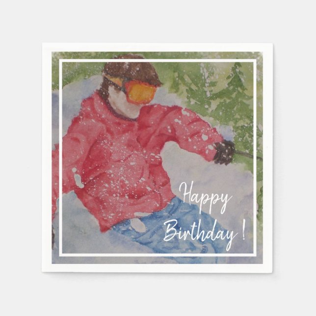 Downhill Skier Happy Birthday Party Napkin (Front)
