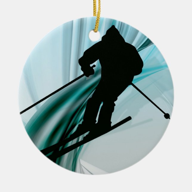 Downhill Skier on Icy Ribbons Ceramic Tree Decoration (Front)