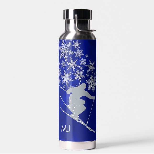 Downhill Snow Skier Blue Monogram Water Bottle (Left)