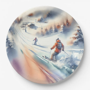 Downhill Snow Skiers In Watercolor Paper Plate