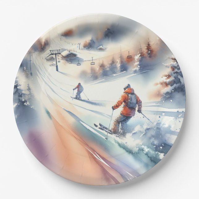 Downhill Snow Skiers In Watercolor Paper Plate (Front)