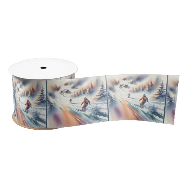 Downhill Snow Skiers In Watercolor Satin Ribbon (Spool)