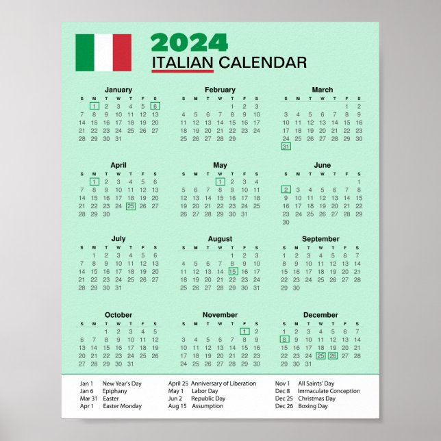 Download Italy Calendar 2024 Scarica Calendario Poster (Front)