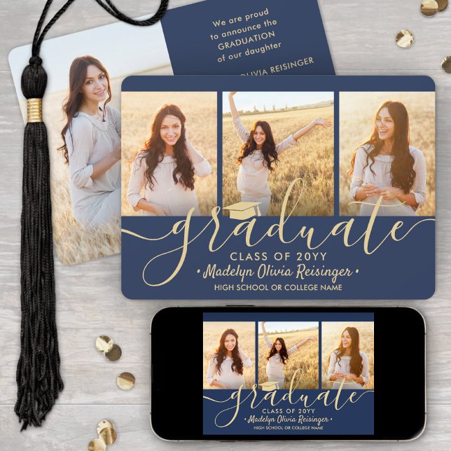 Downloadable 4 Photo Graduation Navy Blue & Gold Announcement (Creator Uploaded)