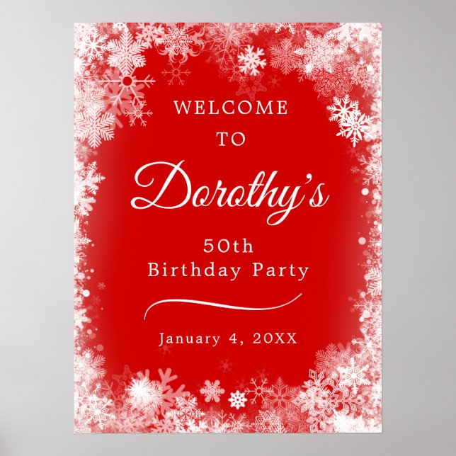 Downloadable 50th Birthday Snowflake Red Welcome Poster (Front)