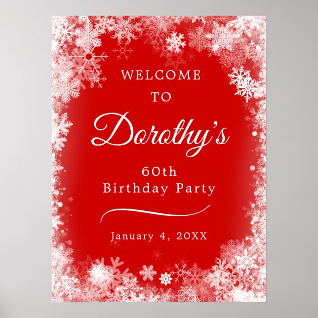 Downloadable 60th Birthday Snowflake Red Welcome Poster (Front)