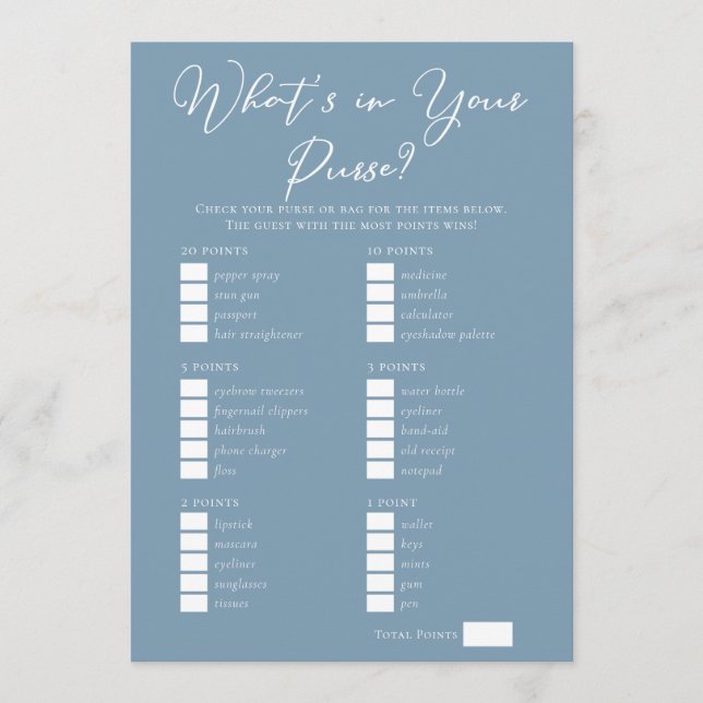 Downloadable Blue Purse Bridal Shower Game Card (Front)