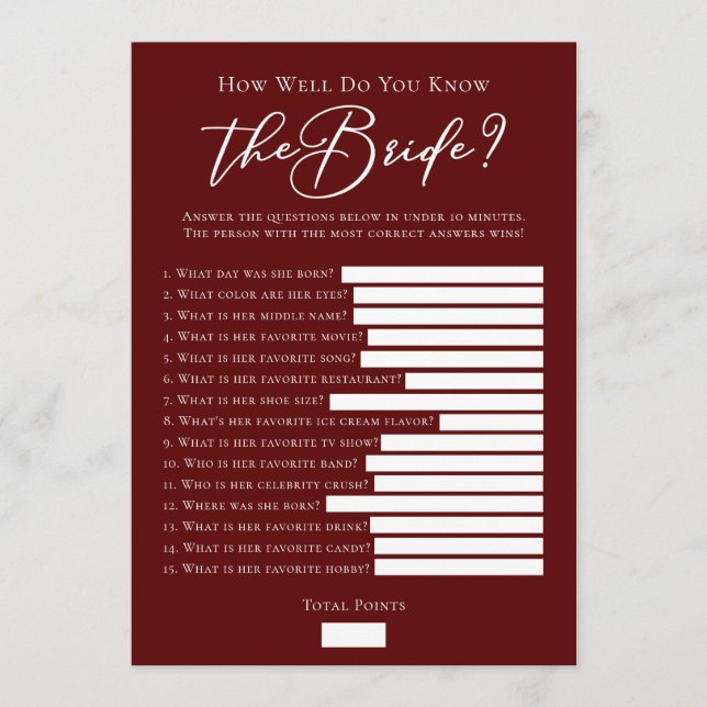 Downloadable Burgundy Bride Facts Shower Game Card (Front)