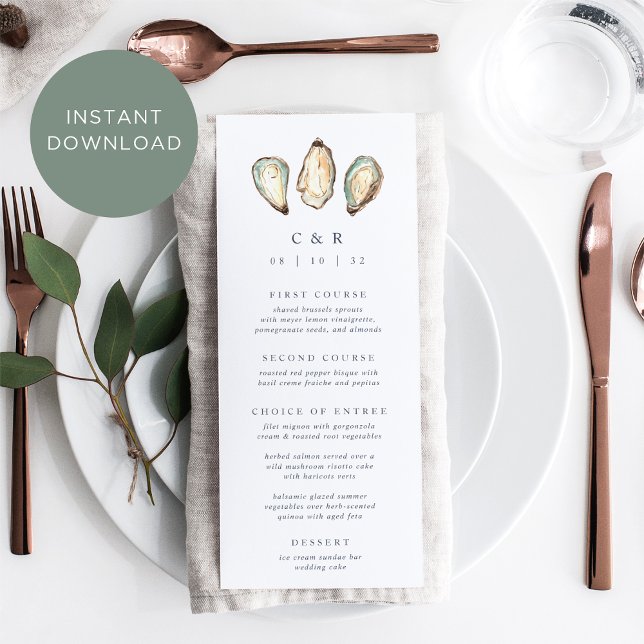 DOWNLOADABLE Coastal Oyster Wedding Menu Card (Creator Uploaded)