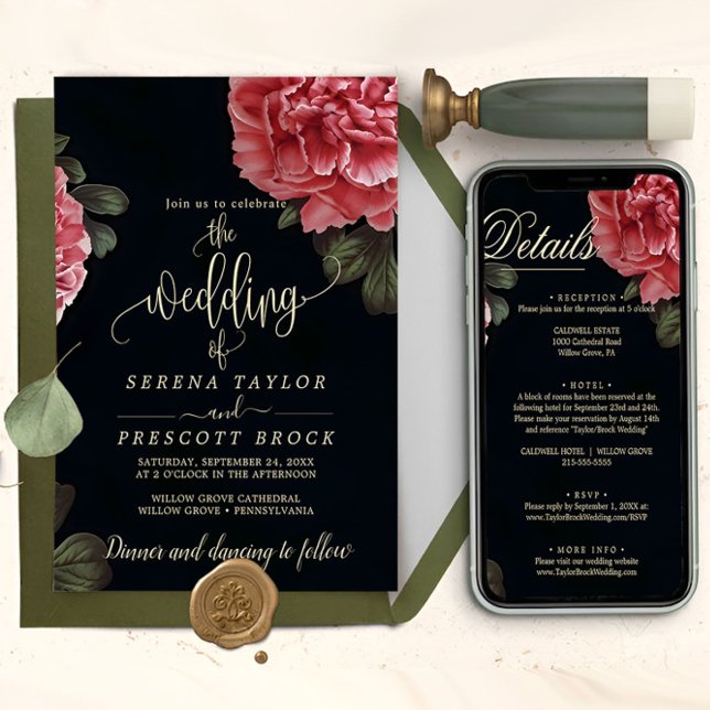 Downloadable Delicate Red Flower Wedding  Invitation (wedding invitation with the details)