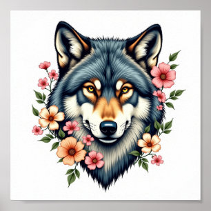 Downloadable Floral Wolf Vintage Wall Art