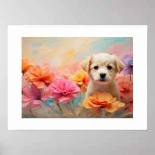 Downloadable puppy surrounded by pastel flowers poster