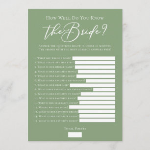 Downloadable Sage Green Bride Facts Shower Game Card