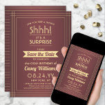 Downloadable Surprise Birthday Burgundy and Gold Save The Date<br><div class="desc">Can you keep a secret? Invite family and friends to an elegant and exciting surprise birthday celebration with custom burgundy and gold save the date party invitations. All wording on this template is simple to personalise, including message that reads "Shhh! It's a SURPRISE." The design features a modern striped border...</div>