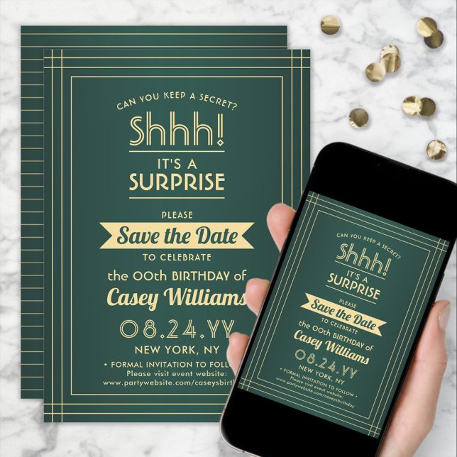 Downloadable Surprise Birthday Green and Gold Save The Date (Creator Uploaded)