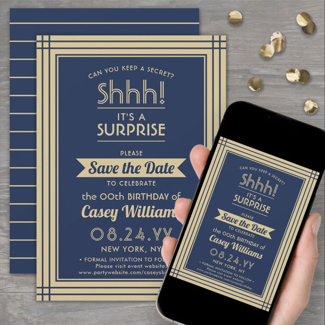 Downloadable Surprise Birthday Navy Blue and Gold Save The Date (Creator Uploaded)
