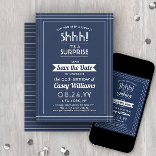 Downloadable Surprise Birthday Navy Blue and White Save The Date