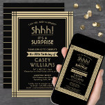 Downloadable Surprise Birthday Party Black & Gold Invitation<br><div class="desc">Can you keep a secret? Invite family and friends to an elegant and exciting surprise birthday celebration with custom black and gold party invitations. All wording on this template is simple to personalise, including message that reads "Shhh! It's a SURPRISE." The design features a modern striped border, classic vintage art...</div>