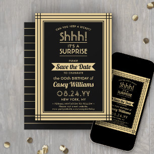 Downloadable Surprise Birthday Party Black & Gold Save The Date