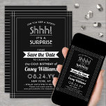 Downloadable Surprise Birthday Party Black & White Save The Date<br><div class="desc">Can you keep a secret? Invite family and friends to an elegant and exciting surprise birthday celebration with custom black and white save the date party invitations. All wording on this template is simple to personalise, including message that reads "Shhh! It's a SURPRISE." The design features a modern striped border,...</div>