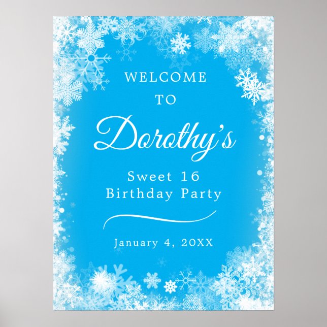 Downloadable Sweet 16 Party Snowflake Blue Welcome Poster (Front)