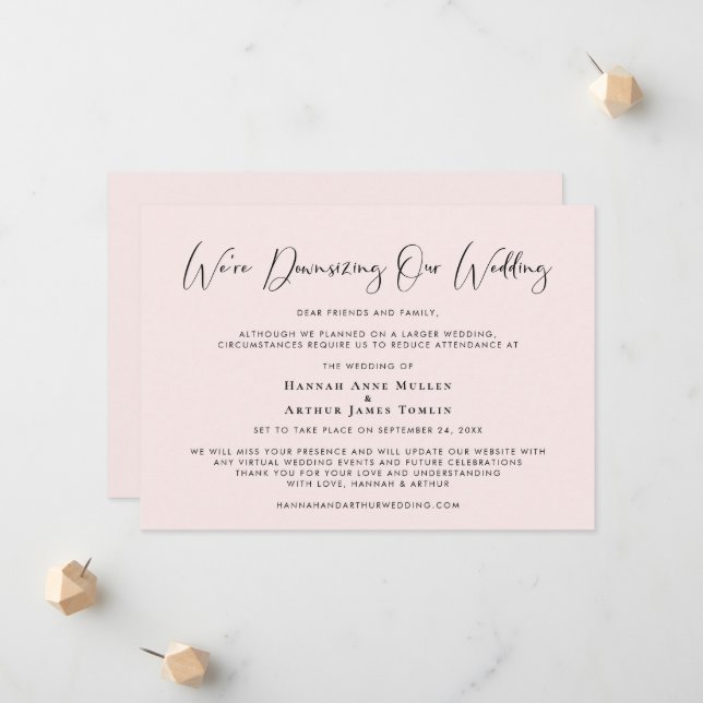 Downsizing Our Wedding Elegant Calligraphy Pink Announcement (Front/Back In Situ)