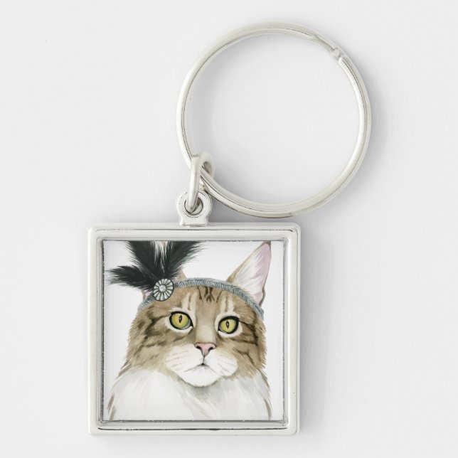 Downton Cat | Adorned With Feathers Key Ring (Front)