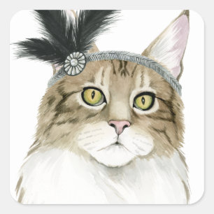 Downton Cat   Adorned With Feathers Square Sticker