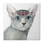 Downton Cat | Bejeweled Tile<br><div class="desc">This watercolor print features a grey cat adorned with jewels | By Grace Popp</div>