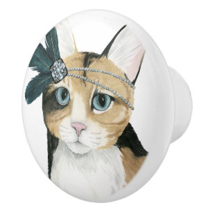 Downton Cat   Bejeweled With Feathers Ceramic Knob