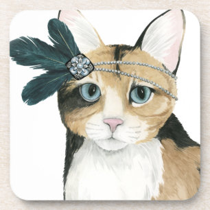 Downton Cat Bejeweled With Feathers Coaster