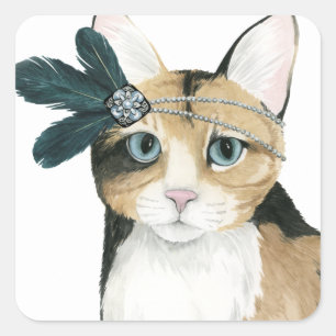 Downton Cat   Bejeweled With Feathers Square Sticker