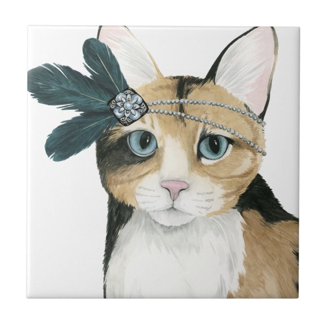 Downton Cat | Bejeweled With Feathers Tile (Front)