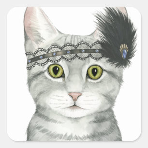 Downton Cat   Bejeweled With Lace Square Sticker