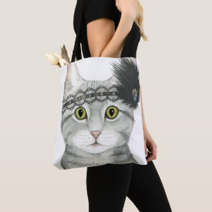 Downton Cat   Bejeweled With Lace Tote Bag