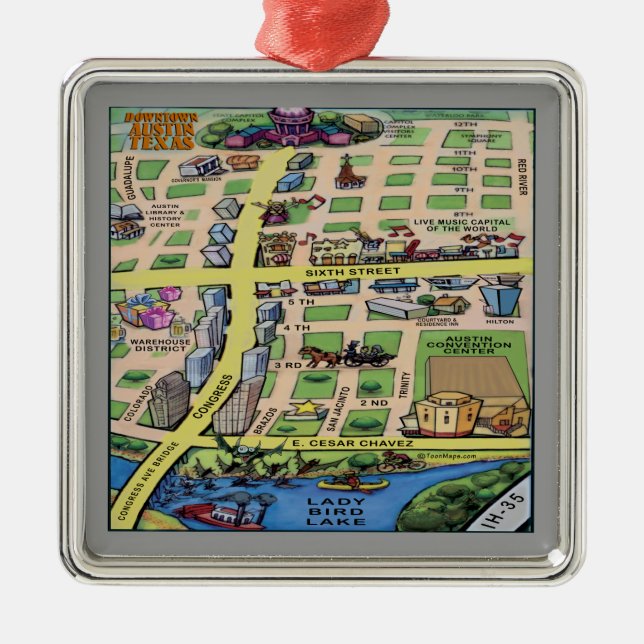 Downtown Austin Texas Cartoon Map Metal Tree Decoration (Front)