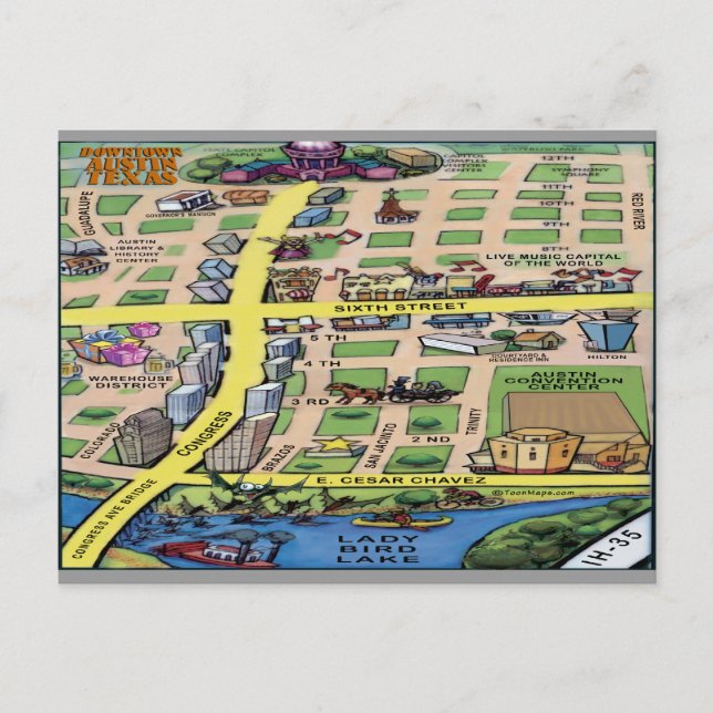 Downtown Austin Texas Cartoon Map Postcard (Front)