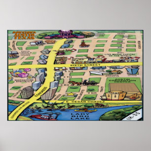 Downtown Austin Texas Cartoon Map Poster