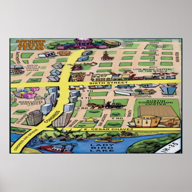Downtown Austin Texas Cartoon Map Poster (Front)