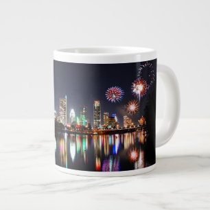 Downtown Austin Texas Night Skyline Fireworks Large Coffee Mug