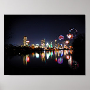 Downtown Austin Texas Night Skyline Fireworks Poster