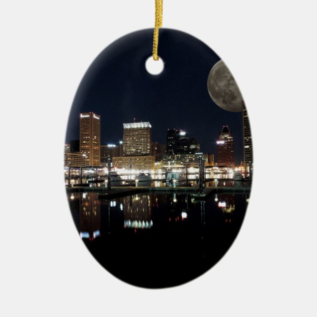 Downtown Baltimore Maryland Night Skyline Moon Ceramic Tree Decoration (Front)