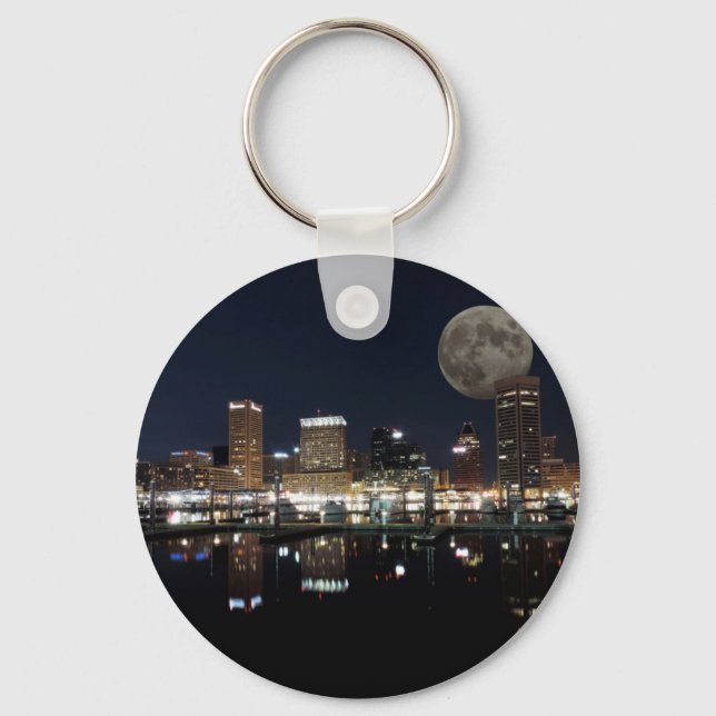 Downtown Baltimore Maryland Night Skyline Moon Key Ring (Front)