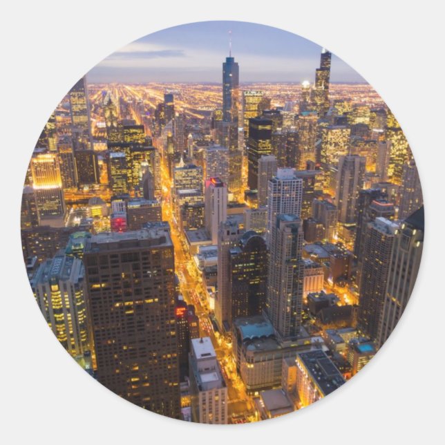 Downtown Chicago skyline at dusk Classic Round Sticker (Front)
