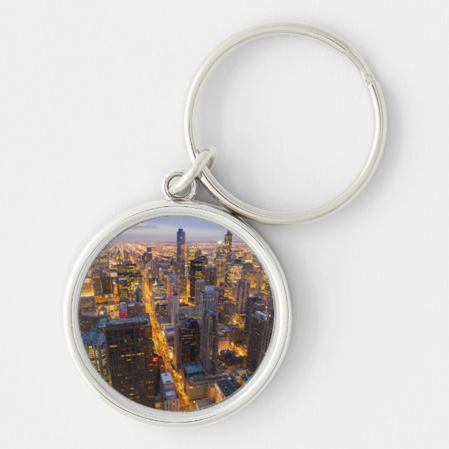 Downtown Chicago skyline at dusk Key Ring (Front)