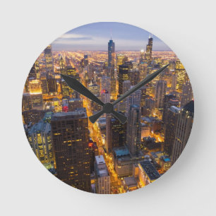 Downtown Chicago skyline at dusk Round Clock