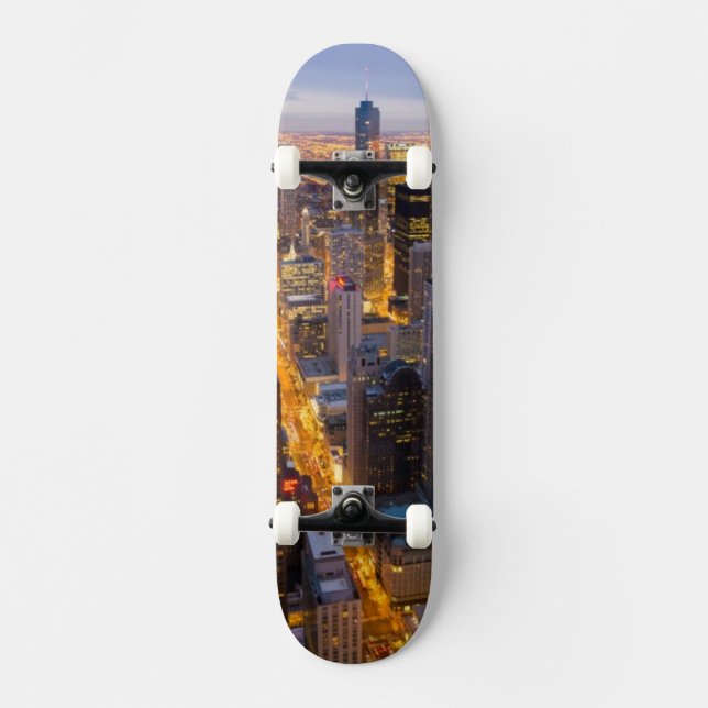 Downtown Chicago skyline at dusk Skateboard (Front)