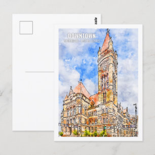 Downtown Cincinnati Famous Travel Place Watercolor Postcard