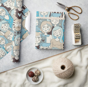 Downtown Crowd Faces Blue/Beige ID494 Wrapping Paper